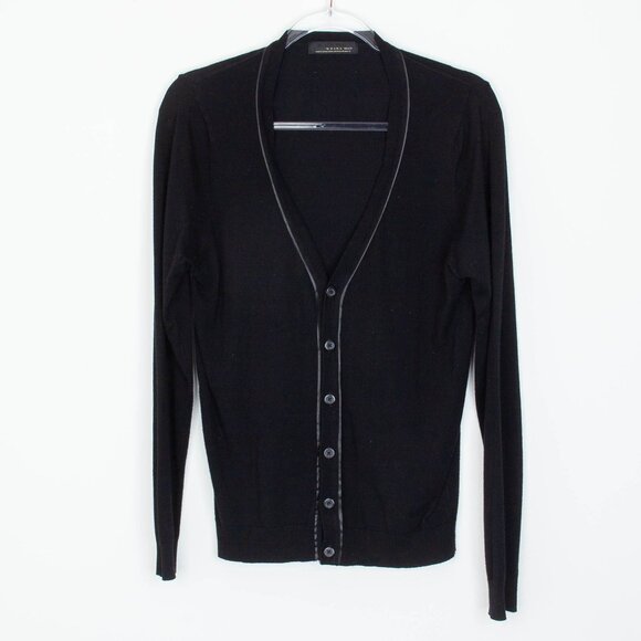 Zara Man Mens Lightweight Cardigan Size M Black Leather Trim Preppy Academia - Picture 1 of 7